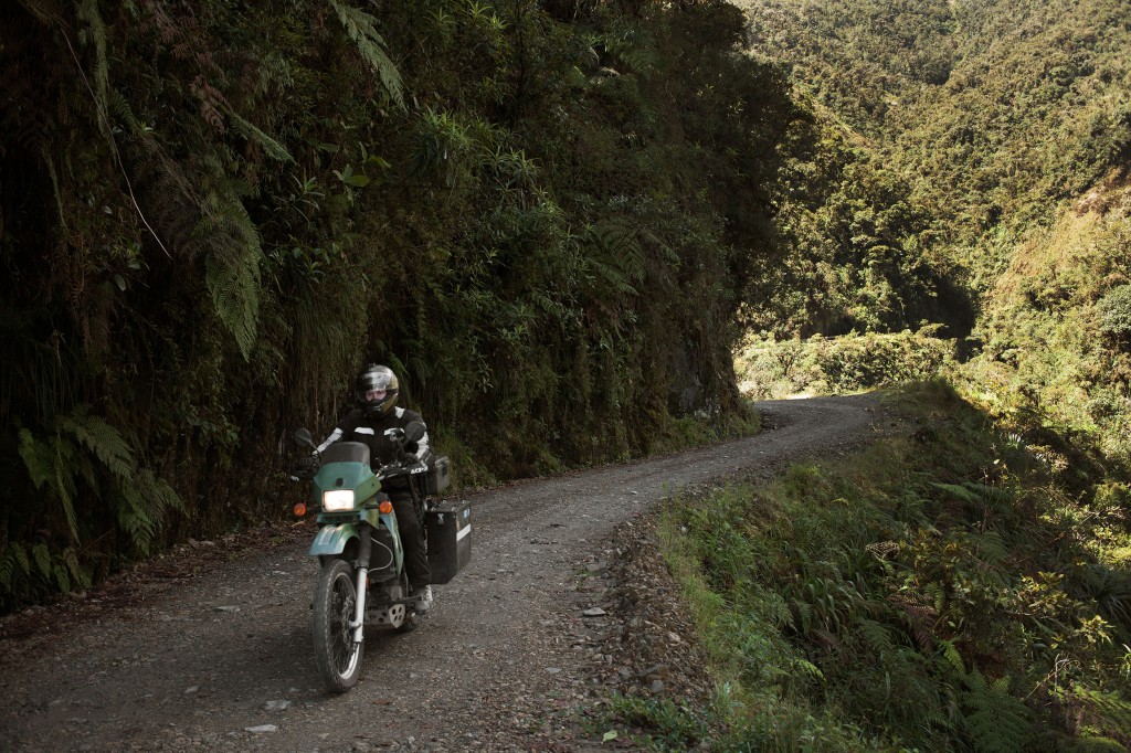 Tackling the Bolivian Death Road wearing the CR4 boot from Alpinestars.